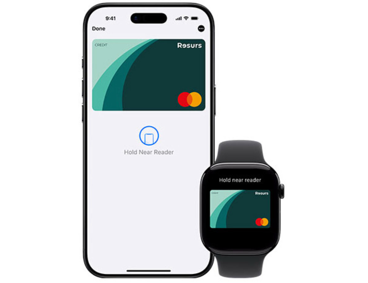 Mobil og smartklokke som viser Resurs kredittkort.